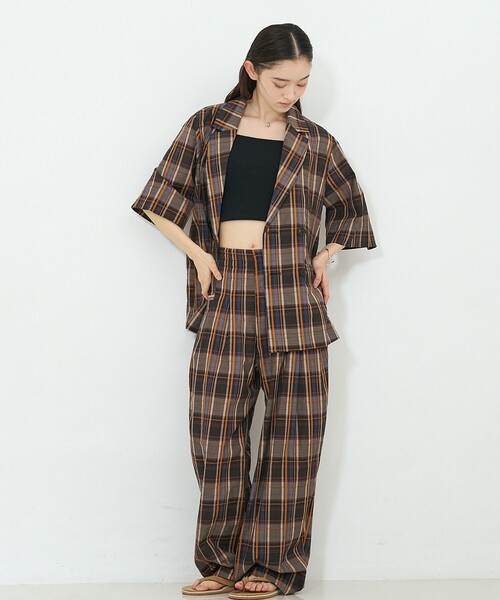 NOMINE（ノミネ）の「【セットアップ対応】ハーフスリーブ チェック ジャケット（テーラードジャケット・レディース・ブラウン/ダークネイビー・フリー）」の7枚目の写真