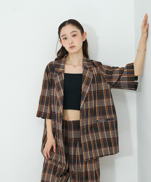 NOMINE（ノミネ）の「【セットアップ対応】ハーフスリーブ チェック ジャケット（テーラードジャケット・レディース・ブラウン/ダークネイビー・フリー）」の10枚目の写真