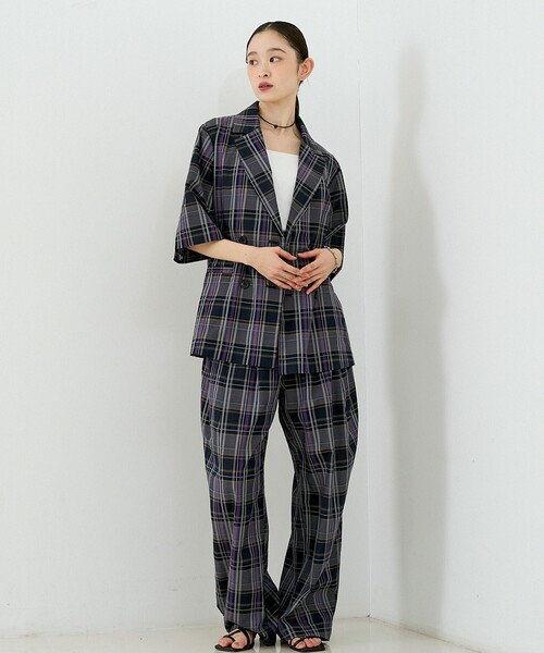 NOMINE（ノミネ）の「【セットアップ対応】ハーフスリーブ チェック ジャケット（テーラードジャケット・レディース・ブラウン/ダークネイビー・フリー）」の14枚目の写真