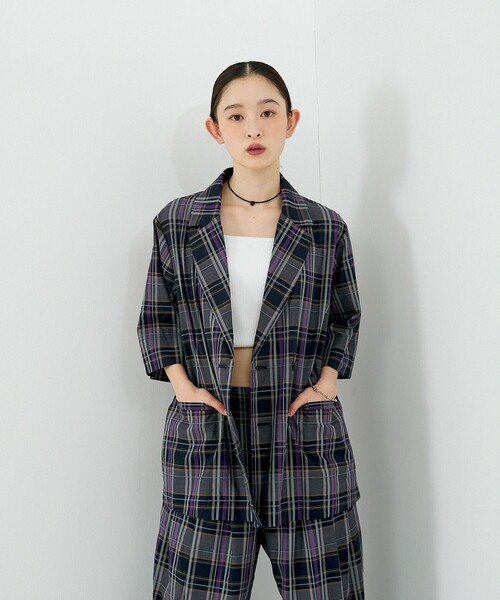 NOMINE（ノミネ）の「【セットアップ対応】ハーフスリーブ チェック ジャケット（テーラードジャケット・レディース・ブラウン/ダークネイビー・フリー）」の16枚目の写真