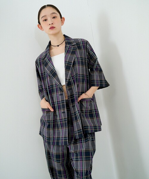 NOMINE（ノミネ）の「【セットアップ対応】ハーフスリーブ チェック ジャケット（テーラードジャケット・レディース・ブラウン/ダークネイビー・フリー）」の17枚目の写真