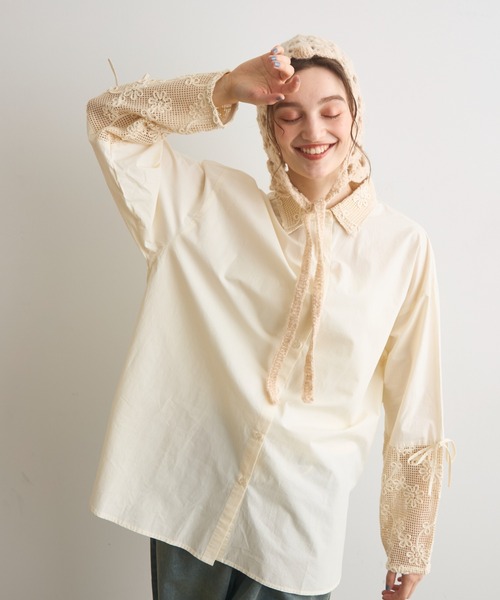 Crisp(クリスプ)の「フラワーメッシュオーバーシャツ(シャツ/ブラウス・レディース・グリーン/ブラック/オフホワイト・FREE)」の2枚目の写真