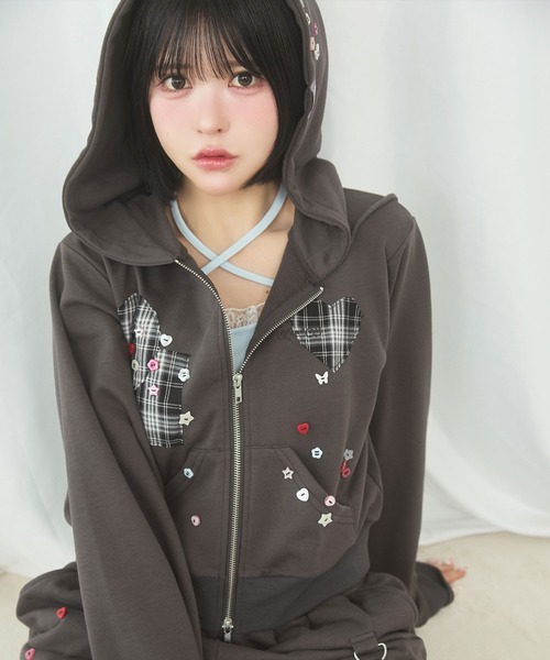 rumnel:(�����l��)�́y�Z�b�g�A�b�v�\�z�p�b�`���[�N�f�U�C���{�^���t�[�f�B�[ / patchwork design button hoodie(�p�[�J�[)