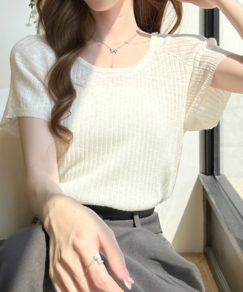 Ada.（エイダ）の「バックパンチアウト ラグラン半袖サマーニット（ニット/セーター・レディース・ホワイト/ブルー/ライトイエロー/ブラック・FREE）」の2枚目の写真
