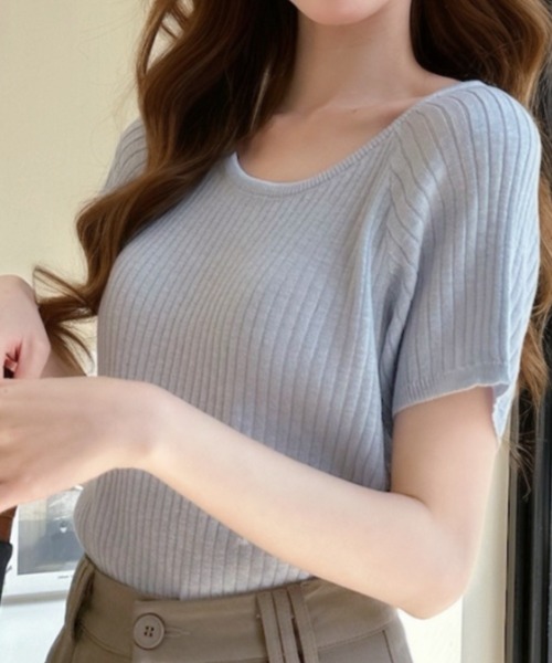 Ada.（エイダ）の「バックパンチアウト ラグラン半袖サマーニット（ニット/セーター・レディース・ホワイト/ブルー/ライトイエロー/ブラック・FREE）」の12枚目の写真