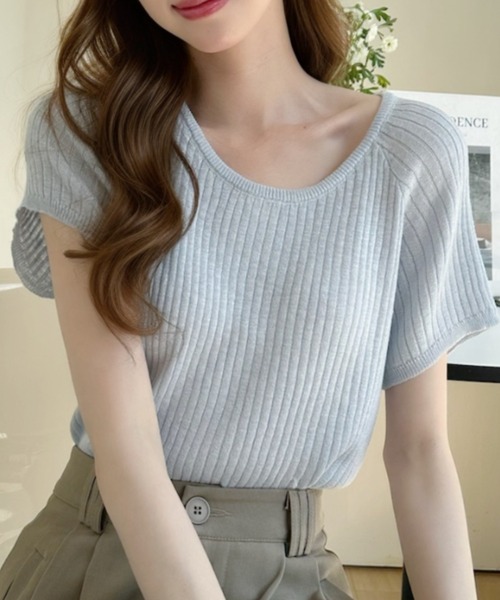 Ada.（エイダ）の「バックパンチアウト ラグラン半袖サマーニット（ニット/セーター・レディース・ホワイト/ブルー/ライトイエロー/ブラック・FREE）」の13枚目の写真