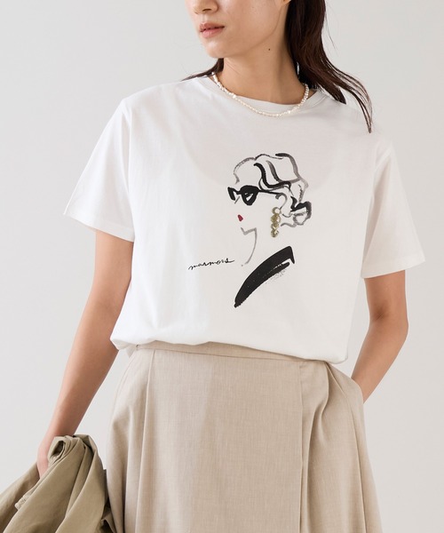 marmors(マルモア)の「【marmors】イヤリングイラストTシャツ(Tシャツ/カットソー・レディース・ベージュ/ホワイト・36)」の1枚目の写真