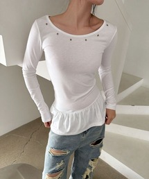 ユニーク フリル切り替え アイレット ラウンド 長袖 Tシャツ