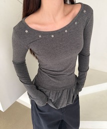 ユニーク フリル切り替え アイレット ラウンド 長袖 Tシャツ