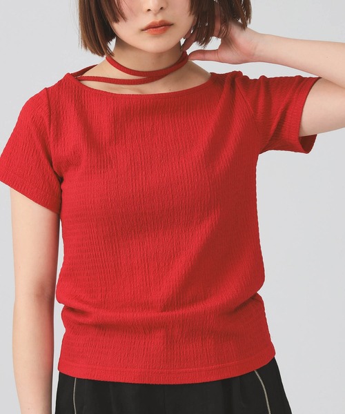 Ray BEAMS（レイビームス）の「ネックリボン ボートネック Tシャツ（Tシャツ/カットソー・レディース・レッド/ダークブラウン・ONE SIZE）」の2枚目の写真