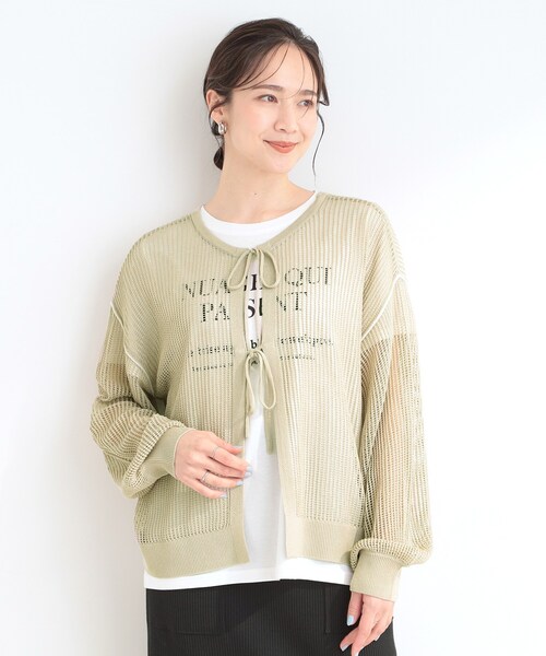 SHOO・LA・RUE(シューラルー)の「【2点セット/洗濯機可/S-LL】時短でこなれ見え カーデにもなる2WAYメッシュニット+半袖ロゴTシャツ(その他トップス・レディース・ベージュ/ダークグレー/オレンジ/オフホワイト・02/01/04/03)」の12枚目の写真