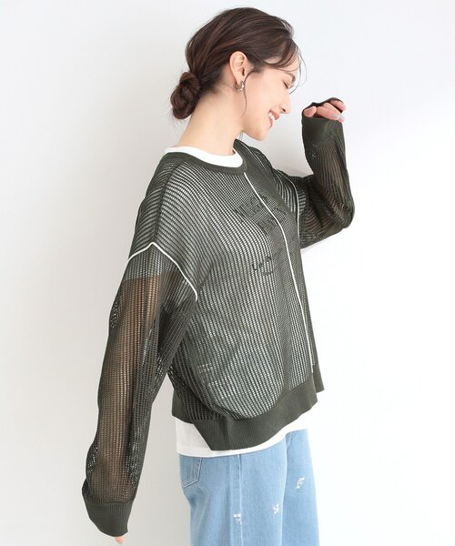 SHOO・LA・RUE(シューラルー)の「【2点セット/洗濯機可/S-LL】時短でこなれ見え カーデにもなる2WAYメッシュニット+半袖ロゴTシャツ(その他トップス・レディース・ベージュ/ダークグレー/オレンジ/オフホワイト・02/01/04/03)」の22枚目の写真