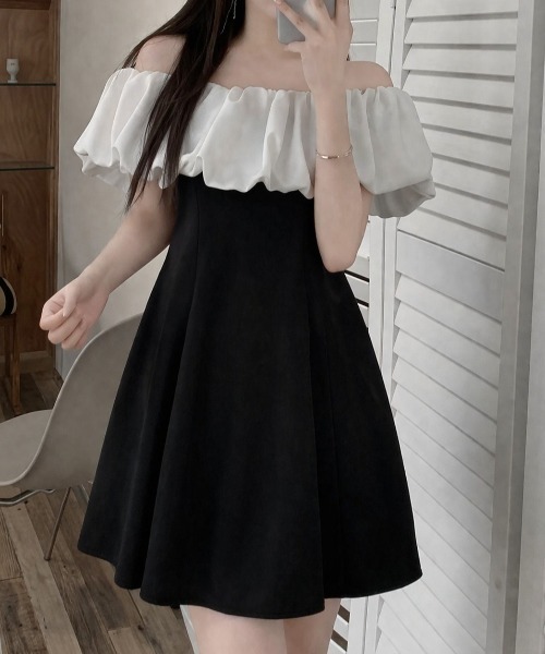 lulufa(ルルファ)の「配色ボリュームオフショルミニワンピース(ワンピース・レディース・ブラック・MEDIUM/LARGE)」の1枚目の写真