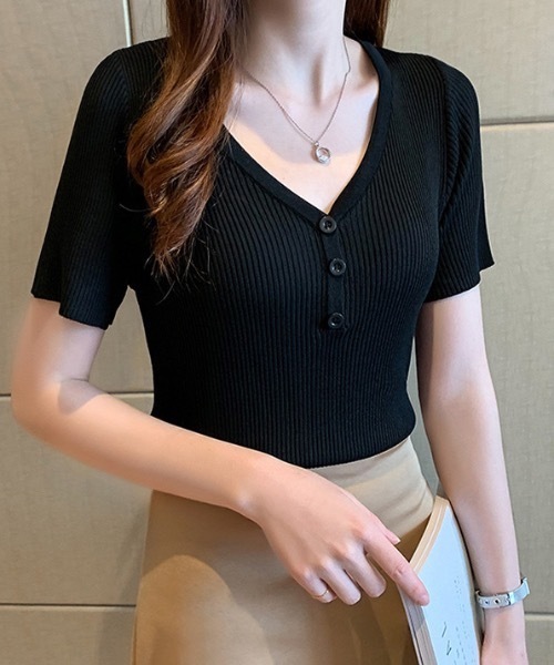 Teem Store(チームストア)の「Vネックハーフボタンヘンリーネックリブニットソー 夏ニット(Tシャツ/カットソー・レディース・ピンク/レッド/ブラック・F)」の1枚目の写真