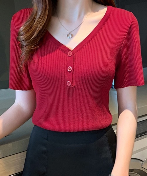 Teem Store(チームストア)の「Vネックハーフボタンヘンリーネックリブニットソー 夏ニット(Tシャツ/カットソー・レディース・ピンク/レッド/ブラック・F)」の9枚目の写真