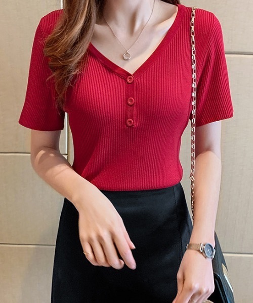 Teem Store(チームストア)の「Vネックハーフボタンヘンリーネックリブニットソー 夏ニット(Tシャツ/カットソー・レディース・ピンク/レッド/ブラック・F)」の11枚目の写真