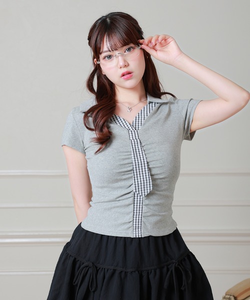 Anely(アネリー)の「チェック ネクタイ付き スキッパーネック カットソー(Tシャツ/カットソー・レディース・ホワイト/グレー/ブラック・FREE)」の3枚目の写真