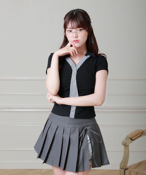 Anely(アネリー)の「チェック ネクタイ付き スキッパーネック カットソー(Tシャツ/カットソー・レディース・ホワイト/グレー/ブラック・FREE)」の4枚目の写真