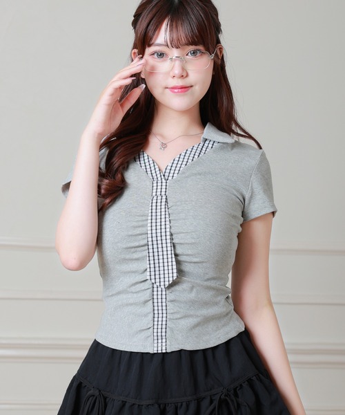 Anely(アネリー)の「チェック ネクタイ付き スキッパーネック カットソー(Tシャツ/カットソー・レディース・ホワイト/グレー/ブラック・FREE)」の9枚目の写真