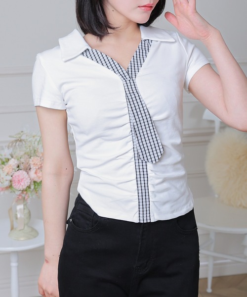 Anely(アネリー)の「チェック ネクタイ付き スキッパーネック カットソー(Tシャツ/カットソー・レディース・ホワイト/グレー/ブラック・FREE)」の18枚目の写真