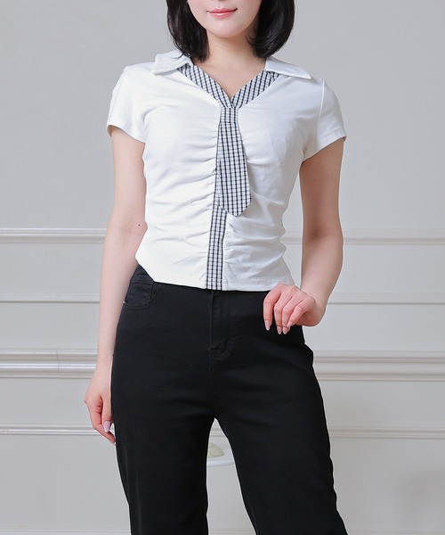 Anely(アネリー)の「チェック ネクタイ付き スキッパーネック カットソー(Tシャツ/カットソー・レディース・ホワイト/グレー/ブラック・FREE)」の21枚目の写真