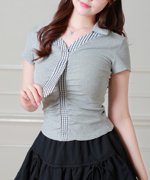 Anely(アネリー)の「チェック ネクタイ付き スキッパーネック カットソー(Tシャツ/カットソー・レディース・ホワイト/グレー/ブラック・FREE)」の17枚目の写真