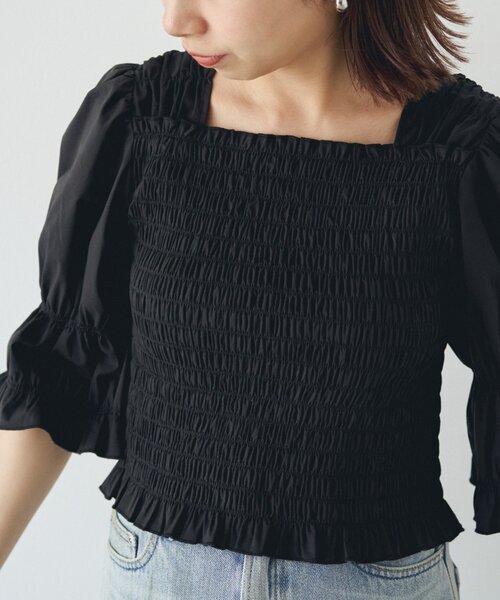 LOUNGEDRESS(ラウンジドレス)の「【PUFRILL/パフリル】《低身長向けサイズ》シャーリングブラウス(シャツ/ブラウス・レディース・オフホワイト/ブラック/ブラック系その他・SMALL)」の10枚目の写真