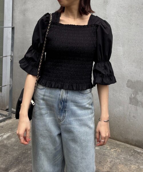 LOUNGEDRESS(ラウンジドレス)の「【PUFRILL/パフリル】《低身長向けサイズ》シャーリングブラウス(シャツ/ブラウス・レディース・オフホワイト/ブラック/ブラック系その他・SMALL)」の13枚目の写真