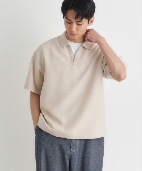 BACK NUMBER（バックナンバー）の「BACK NUMBER(バックナンバー)リネンライクスキッパーシャツ（Tシャツ/カットソー・メンズ・ブラウン/ベージュ/ネイビー・S/M/L/XL）」の3枚目の写真