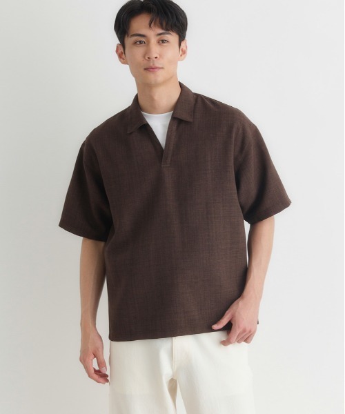 BACK NUMBER（バックナンバー）の「BACK NUMBER(バックナンバー)リネンライクスキッパーシャツ（Tシャツ/カットソー・メンズ・ブラウン/ベージュ/ネイビー・S/M/L/XL）」の4枚目の写真