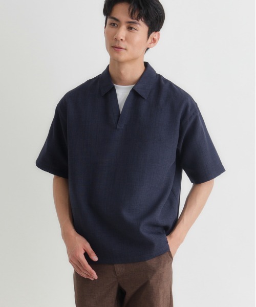 BACK NUMBER（バックナンバー）の「BACK NUMBER(バックナンバー)リネンライクスキッパーシャツ（Tシャツ/カットソー・メンズ・ブラウン/ベージュ/ネイビー・S/M/L/XL）」の11枚目の写真