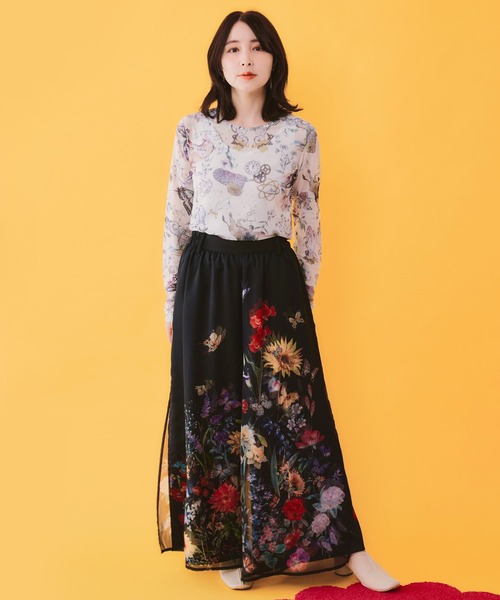 イズスカラー 花蝶フリンジシフォン 異素材MIXカーゴパンツ 562224：花柄シフォン×花柄生地 3D風パンツ（その他パンツ）｜iS