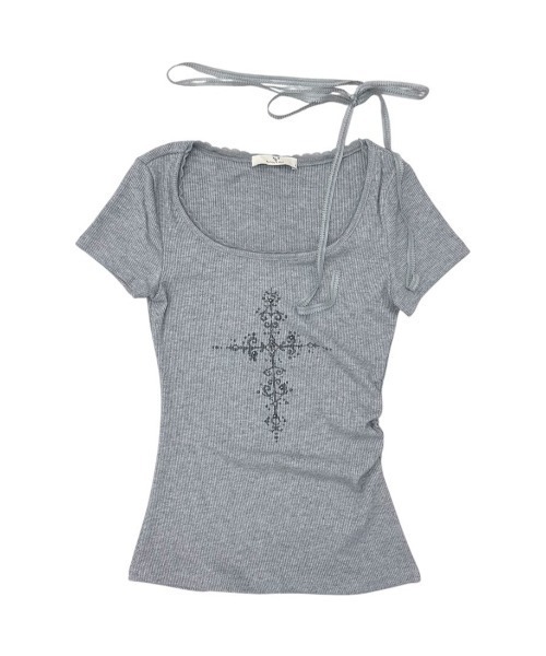 Never mind the XU / Chikashitsu+(ネバーマインド ザ エックスユー / チカシツプラス)の「【nmtc+】Mika Cross Shirring Tee Scarf Set / 【エヌエムティーシープラス】ミカクロススカーフシャーリング半袖Tシャツ(Tシャツ/カットソー・レディース・グレー・ONE SIZE)」の7枚目の写真