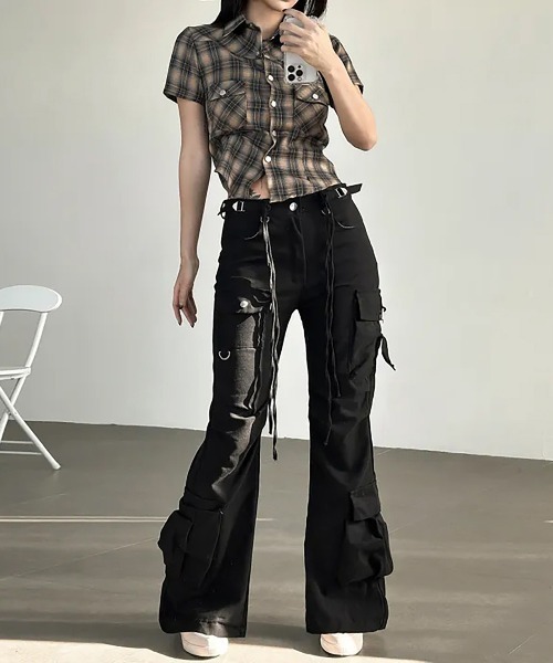 gossip!ロサンゼルス(ゴシップロサンゼルス)の「【Y2Kガーリー】 ヴィンテージ風チェック柄 ウエスタンシャツ 半袖ショート丈ブラウス(Tシャツ/カットソー・レディース・チェック・M)」の8枚目の写真