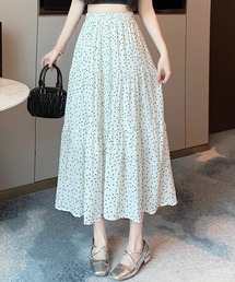 【ロング丈】ドット柄ティアード切り替えフレアスカート レディース