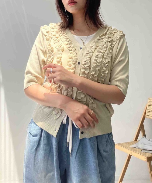 AS KNOW AS plus（アズノゥアズプラス）の「◯フロントフリルデザイン さらりと半袖カーディガン（カーディガン/ボレロ・レディース・イエロー/ブラック/ミント・FREE）」の4枚目の写真