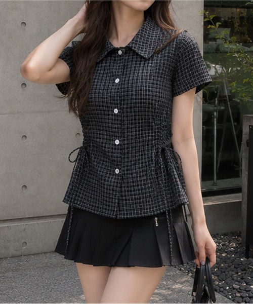 Chiina（チーナ）の「【Chiina】サイドリボンチェック半袖シャツ（シャツ/ブラウス・レディース・ホワイト/ベージュ/ライトブルー/ブラック・FREE）」の5枚目の写真