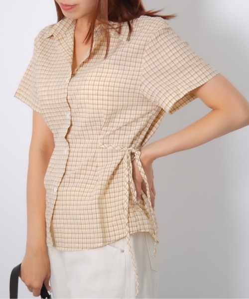 Chiina（チーナ）の「【Chiina】サイドリボンチェック半袖シャツ（シャツ/ブラウス・レディース・ホワイト/ベージュ/ライトブルー/ブラック・FREE）」の12枚目の写真