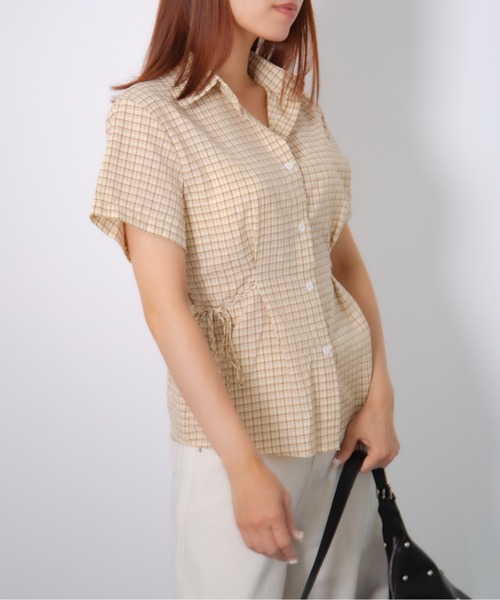 Chiina（チーナ）の「【Chiina】サイドリボンチェック半袖シャツ（シャツ/ブラウス・レディース・ホワイト/ベージュ/ライトブルー/ブラック・FREE）」の13枚目の写真