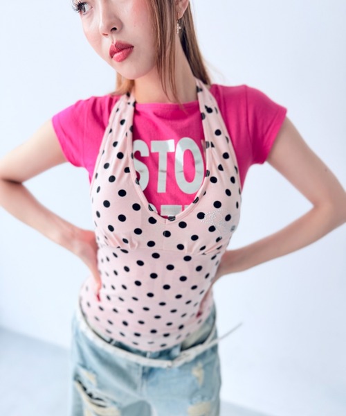 Y2K SYNAPSE FACTORY（ワイツーケー シナプスファクトリー）の「【ビックドット】ホルターネック（Tシャツ/カットソー・レディース・ホワイト/ブラック/ブラウン/ピンク/ミント・FREE）」の9枚目の写真