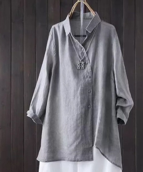 AMAJI(アマジ)の「アシンメトリー コットンリネン シャツジャケット(シャツ/ブラウス・レディース・グレー/レッド/ベージュ・X-LARGE/MEDIUM/LARGE)」の2枚目の写真