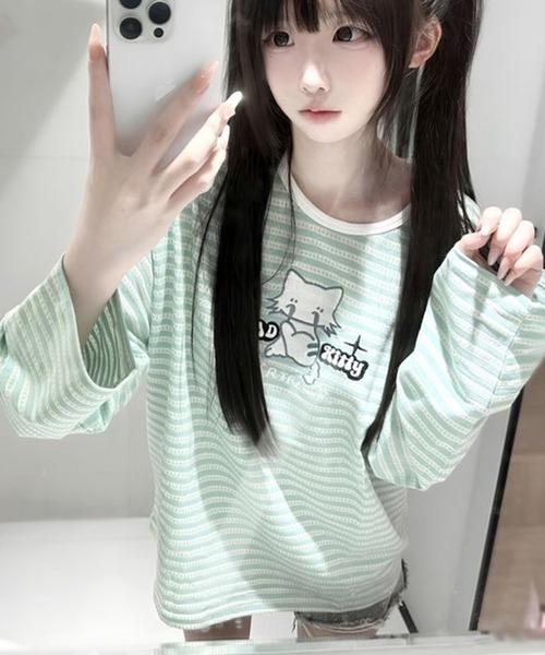 AsheKsha(アシクシャ)の「ボーダーキャラクタープリント ゆったり長袖Tシャツ(Tシャツ/カットソー・レディース・グリーン・M)」の3枚目の写真