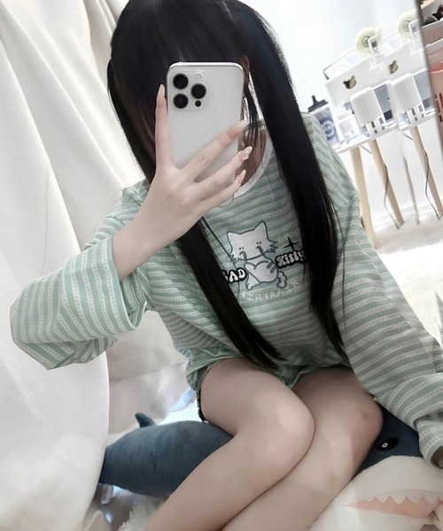 AsheKsha(アシクシャ)の「ボーダーキャラクタープリント ゆったり長袖Tシャツ(Tシャツ/カットソー・レディース・グリーン・M)」の5枚目の写真