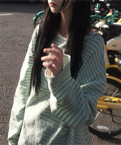 AsheKsha(アシクシャ)の「ボーダーキャラクタープリント ゆったり長袖Tシャツ(Tシャツ/カットソー・レディース・グリーン・M)」の8枚目の写真