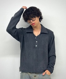 【ユニセックス】ボーダー&無地ルーズスキッパーニットポロ