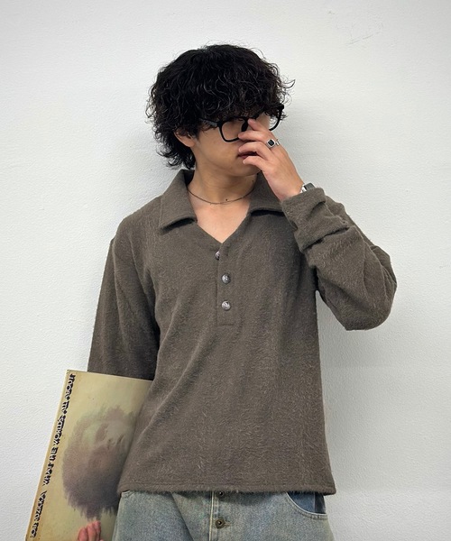 MandO(エムオー)(エムオー)の「【ユニセックス】ボーダー&無地ルーズスキッパーニットポロ(ポロシャツ・メンズ・パープル/チャコールグレー/ブラウン/ボルドー/ブラック系その他/ブラック・MEDIUM/LARGE)」の7枚目の写真
