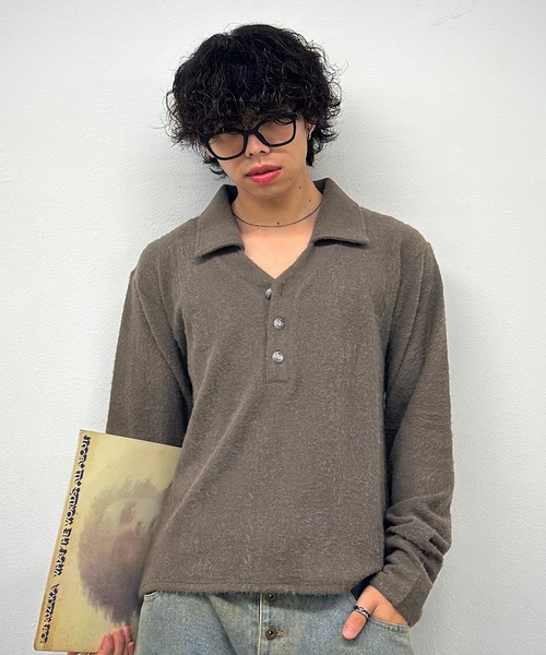 MandO(エムオー)(エムオー)の「【ユニセックス】ボーダー&無地ルーズスキッパーニットポロ(ポロシャツ・メンズ・パープル/チャコールグレー/ブラウン/ボルドー/ブラック系その他/ブラック・MEDIUM/LARGE)」の8枚目の写真