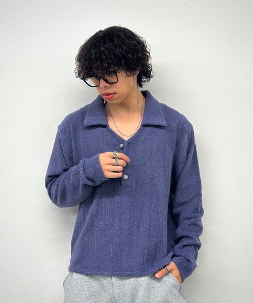 MandO(エムオー)(エムオー)の「【ユニセックス】ボーダー&無地ルーズスキッパーニットポロ(ポロシャツ・メンズ・パープル/チャコールグレー/ブラウン/ボルドー/ブラック系その他/ブラック・MEDIUM/LARGE)」の15枚目の写真