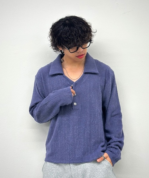 MandO(エムオー)(エムオー)の「【ユニセックス】ボーダー&無地ルーズスキッパーニットポロ(ポロシャツ・メンズ・パープル/チャコールグレー/ブラウン/ボルドー/ブラック系その他/ブラック・MEDIUM/LARGE)」の16枚目の写真