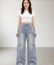 サイドリボンデニムパンツ ワイド ストレート ガーリー Y2K ルーズ ストリート 韓国ファッション